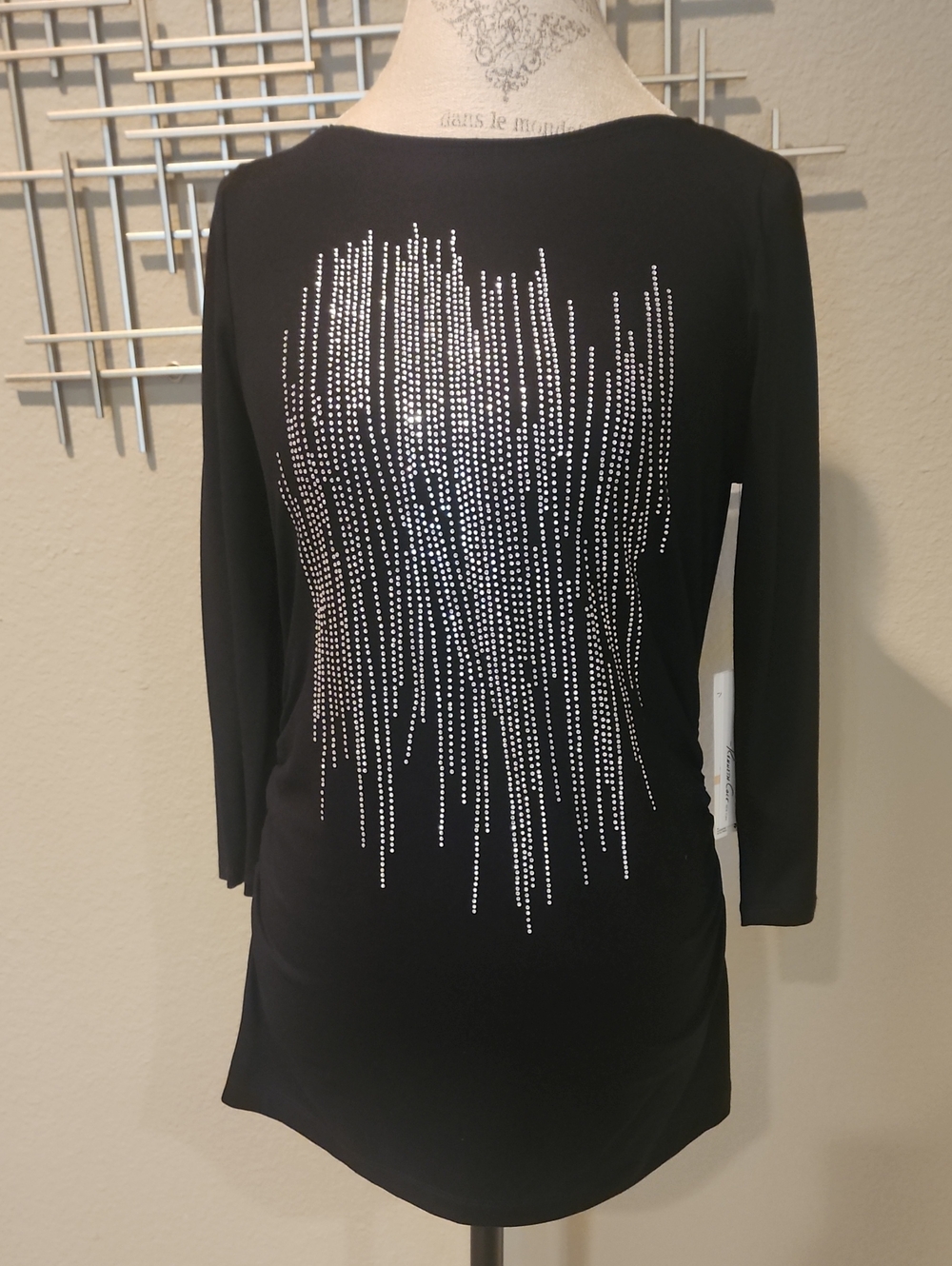 NWT Kenneth Cole Black Tee Clear Chyrstal "Platinum Edge" Ruched Sides Small